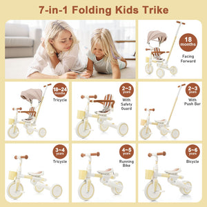 English Elm 7 in 1 Convertible Toddler Tricycle Aluminum Frame Push Trike with Rotating Seat Canopy Yellow N726P300636Y