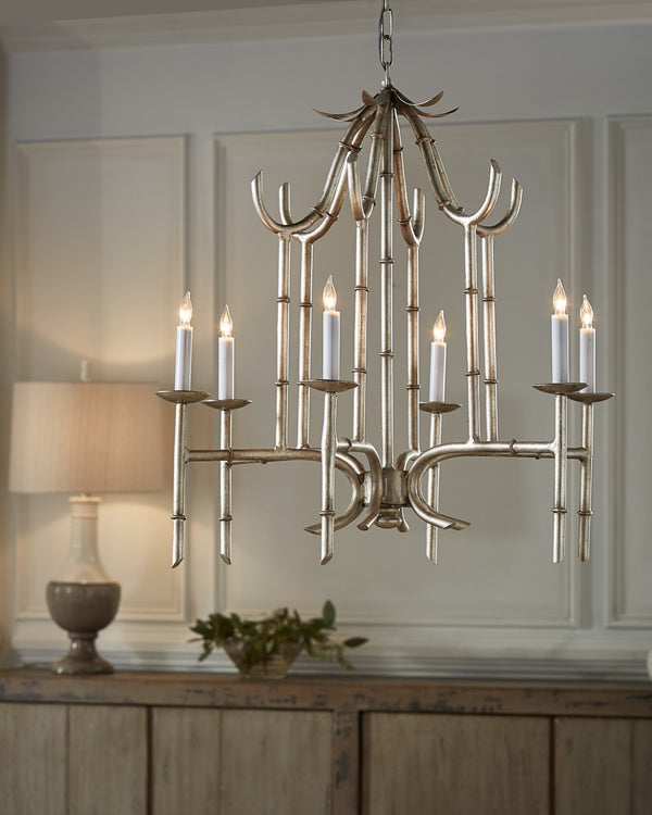 Wildwood Bamboo Antique Silver Chandelier — 6-Light Elegant Bamboo-Inspired Fixture For Dining, Entryway, Living Rooms 9614