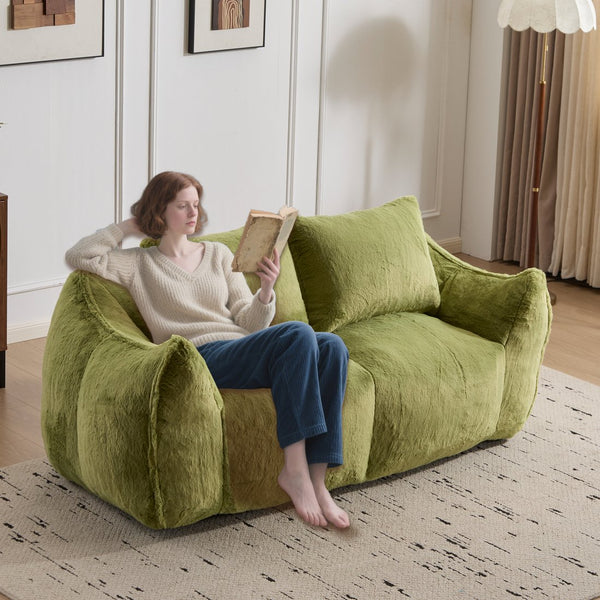 English Elm Giant Ultra Soft Fluffy Loveseat Bean Bag Sofa for Adults, Oversized Shredded Foam Couch with Pillows Green W3723P353897