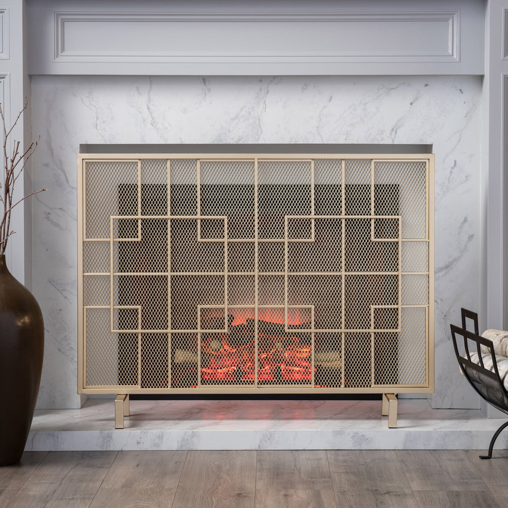 English Elm Christopher Knight Home® - FIRE Dorothy Modern Single Panel Iron Screen with Geometric Mesh Shield — Elegant Hearth Protection Gold 65178.00
