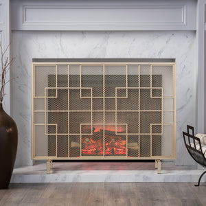 English Elm Christopher Knight Home® - FIRE Dorothy Modern Single Panel Iron Screen with Geometric Mesh Shield — Elegant Hearth Protection Gold 65178.00