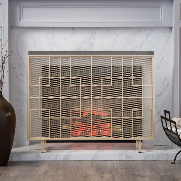 English Elm Christopher Knight Home® - FIRE Dorothy Modern Single Panel Iron Screen with Geometric Mesh Shield — Elegant Hearth Protection Gold 65178.00