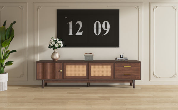 English Elm Mid Century Modern TV Stand with Rattan Sliding Doors, Solid Wood Legs, Drawers & Waterproof Top N710P257617P