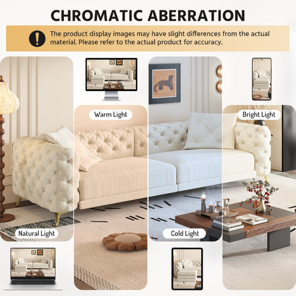 English Elm 97.6" Oversized Velvet Chesterfield Sleeper Sofa Floral Tufted Roll Arm Living Room Couch Beige+White W1885S00200