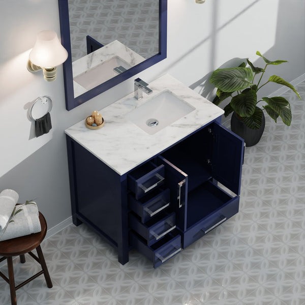 English Elm Navy Blue Bath Vanity With Right Offset Carrara Marble Top & Matching Mirror For Elegant Storage B2731S00692