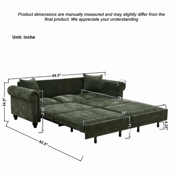 English Elm 86" Chenille Sleeper Sofa with Nailhead Rolled Arms Three Seat Convertible for Any Room Green W3373S00088