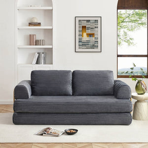 English Elm Convertible Floor Sofa Futon with Corduroy Upholstery for Living Room Lounging and Sleeping Grey W1117P434691