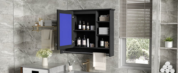 English Elm 3-in-1 Wall Mounted Medicine Cabinet with Soft Close Door Towel Bar and Vanity Mirror Black N710P358618B