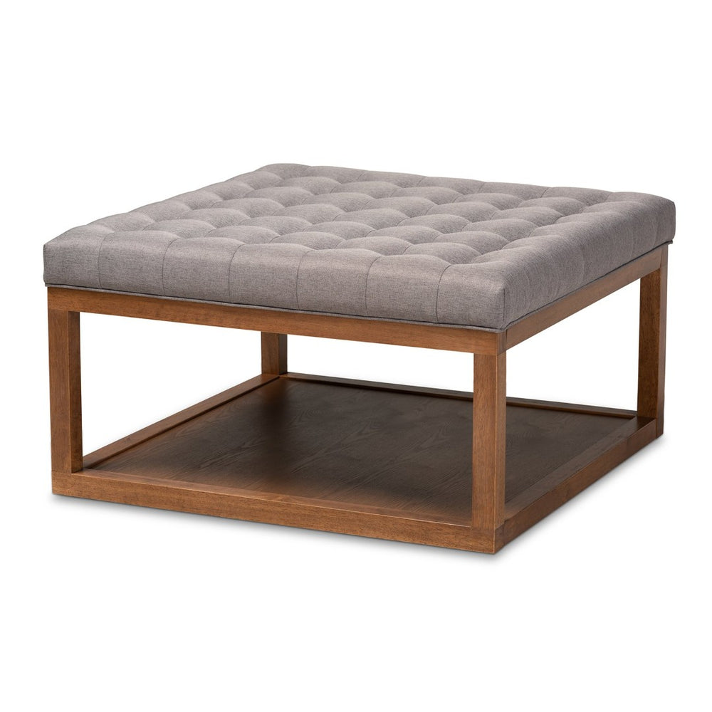 Baxton Studio Baxton Studio Alvere Modern Cocktail Ottoman with Tufted Upholstery and Stylish Walnut Storage Shelf Grey BBT5365-Grey/Walnut-Otto