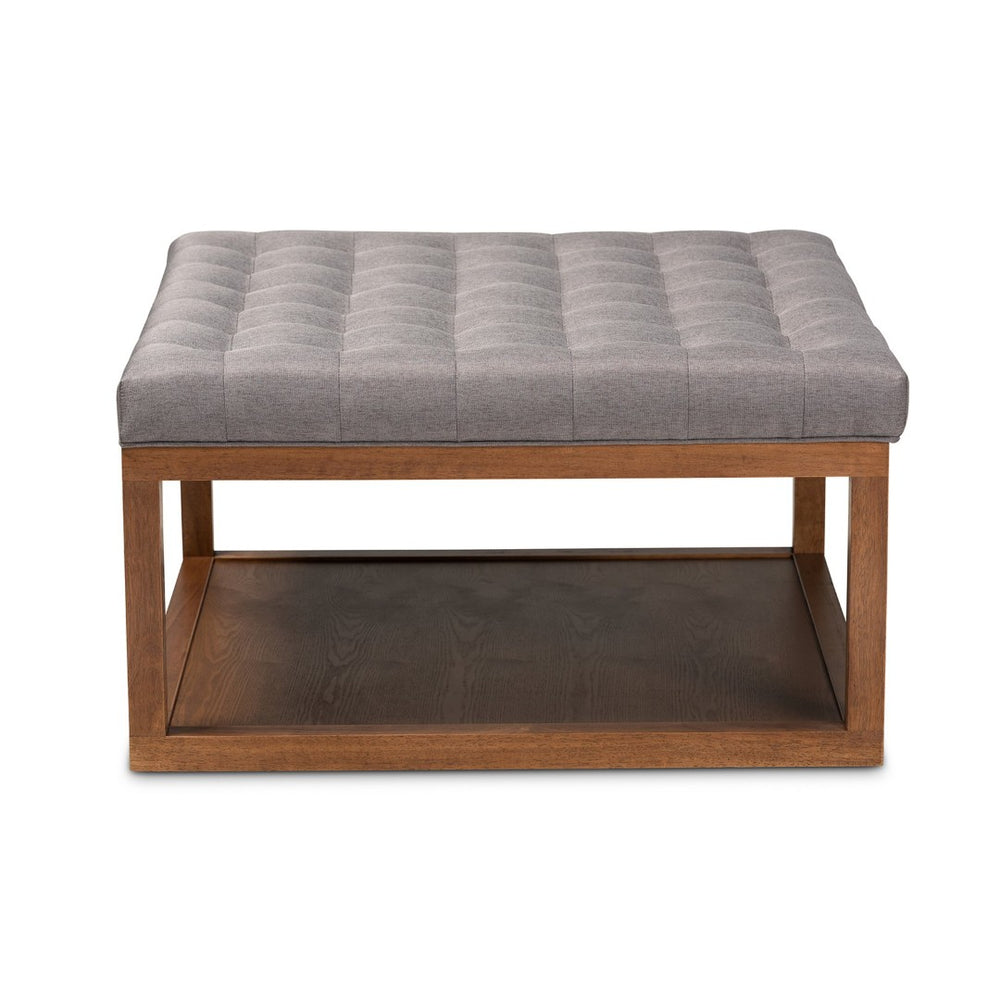Baxton Studio Baxton Studio Alvere Modern Cocktail Ottoman with Tufted Upholstery and Stylish Walnut Storage Shelf Grey BBT5365-Grey/Walnut-Otto