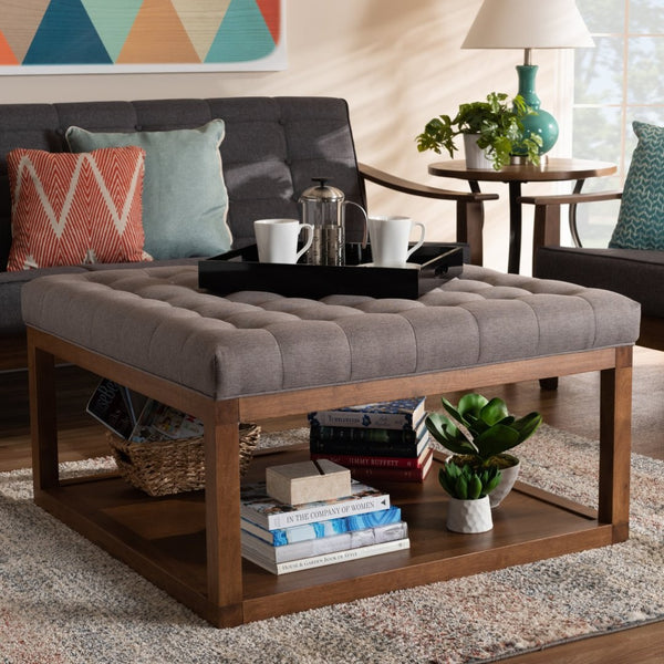 Baxton Studio Baxton Studio Alvere Modern Cocktail Ottoman with Tufted Upholstery and Stylish Walnut Storage Shelf Grey BBT5365-Grey/Walnut-Otto