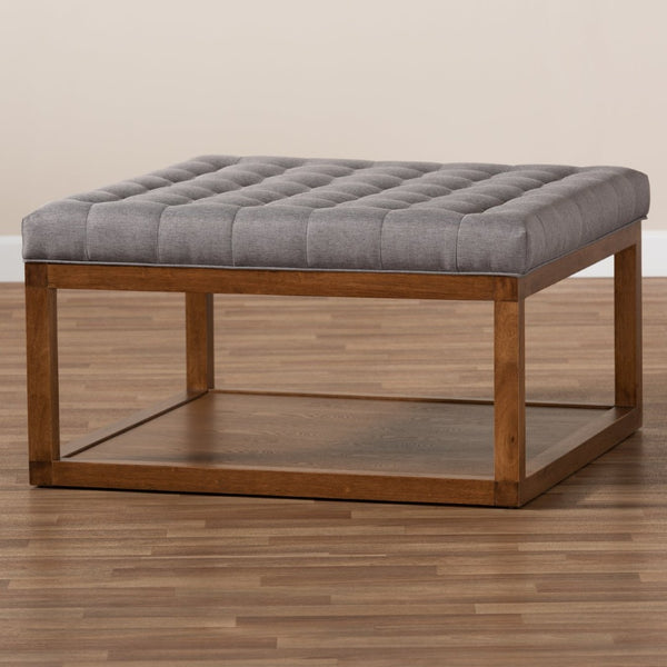 Baxton Studio Baxton Studio Alvere Modern Cocktail Ottoman with Tufted Upholstery and Stylish Walnut Storage Shelf Grey BBT5365-Grey/Walnut-Otto