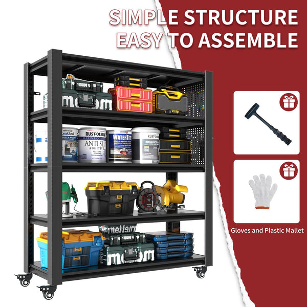 English Elm 72"H Heavy Duty 5-Tier Metal Shelving with Pegboards & Lockable Wheels, 2000LB Capacity, Adjustable T2398P313256