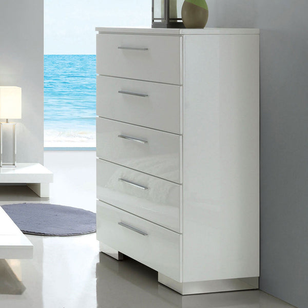 English Elm Modern High Gloss White Chest 5 Drawers 31"W x 17.75"D x 51"H — Contemporary Storage, Easy Assembly B2741P368137