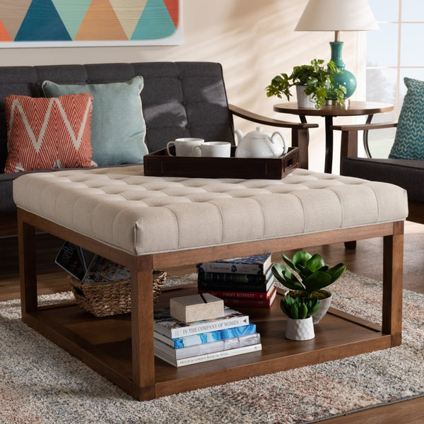Baxton Studio Baxton Studio Alvere Modern Cocktail Ottoman with Tufted Upholstery and Stylish Walnut Storage Shelf Beige BBT5365-Beige/Walnut-Otto