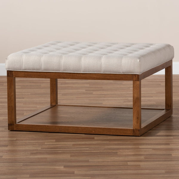 Baxton Studio Baxton Studio Alvere Modern Cocktail Ottoman with Tufted Upholstery and Stylish Walnut Storage Shelf Beige BBT5365-Beige/Walnut-Otto