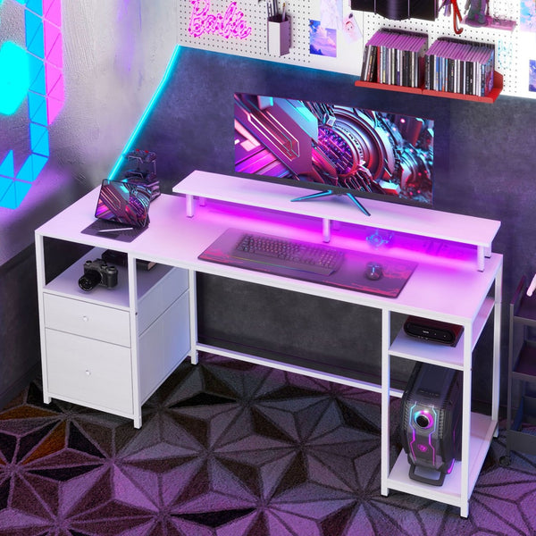 English Elm Homcom 61 Inch Gaming Desk with Led Strip Power Outlets Shelves Monitor Stand W2225P217259
