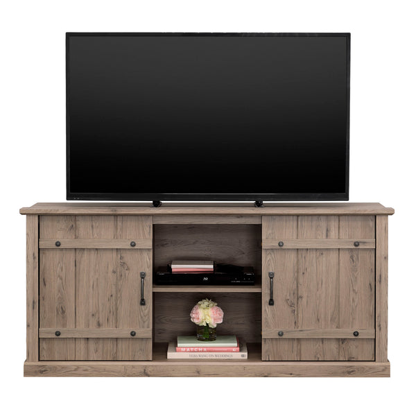English Elm Credenza, Rustic 70" TV Stand with Sliding Barn Doors, Adjustable Shelves, Cord Management, 62" Plain Light Oak B356P354410