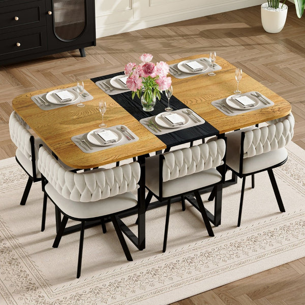 English Elm 7-piece Rectangular Dining Set Faux Marble Velvet Chairs Modern Apartment Table Beige,Black,Wood W3875S00129
