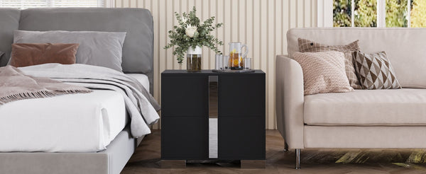 English Elm Modern Two Drawer Nightstand with Slim Metal Legs and Mirrored Bar Handles for Bedroom Black W5271P416540