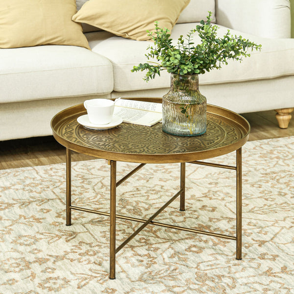 English Elm HOMCOM Vintage 24" Round Coffee Table with Hammered Floral Tray Top, Gold Metal Frame, Stable Chic W2225P200420