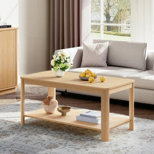 English Elm Arc Corner Oak Coffee Table with Open Shelf Wave Grain Legs Modern Living Room Accent W5563P449955