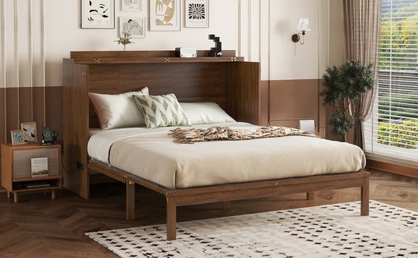 English Elm Queen Size Murphy Bed - Stylish Pine Wood Cabinet With Power Station & Rattan Panel For Space-Saving W504S00234-GIGA