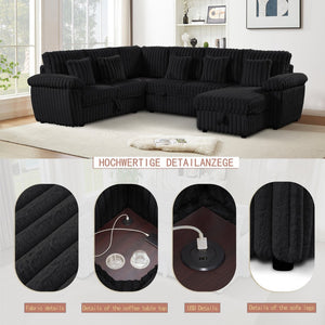English Elm 110-inch U-shaped Corduroy Sectional with Sleeper Storage and Built-in Coffee Table W2564S00054