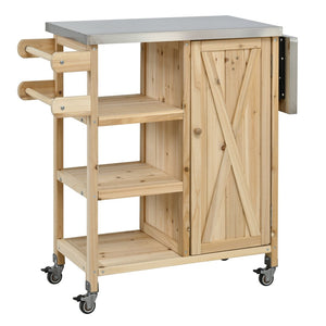 English Elm Foldable Outdoor Kitchen Cart with Stainless Worktop Fir Wood Frame and Lockable Wheels Natural N719P380281N