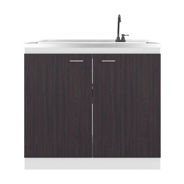 English Elm Zurich Freestanding Stainless Steel Utility Sink with Black Storage Cabinet for Garage Black & White Print B200S00458