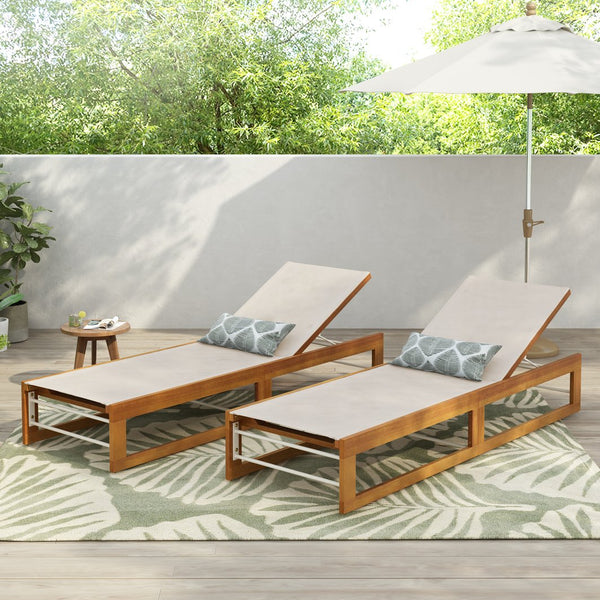English Elm Christopher Knight Home® - MIA Acacia Wood Chaise Lounge with Breathable Textilene Mesh Seating for Cool, Durable Outdoor Relaxing Teak+ Beige 50.5 L x 27.5 W x 17.25 H N776P301495B