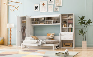 English Elm Full Size Murphy Wall Bed with Wardrobe Drawers Shelving for Studio Apartments LP000383AAK