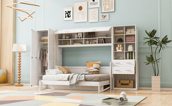 English Elm Full Size Murphy Wall Bed with Wardrobe Drawers Shelving for Studio Apartments LP000383AAK