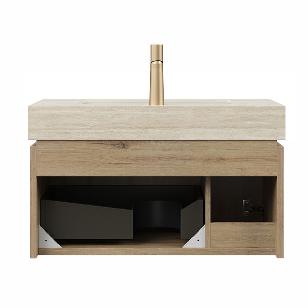 English Elm MURI Luxury Wall-Mounted 30" Bathroom Vanity with Sintered Stone Countertop and Ceramic Basin, Plywood Cabinet Beige,White Oak W2615S00332