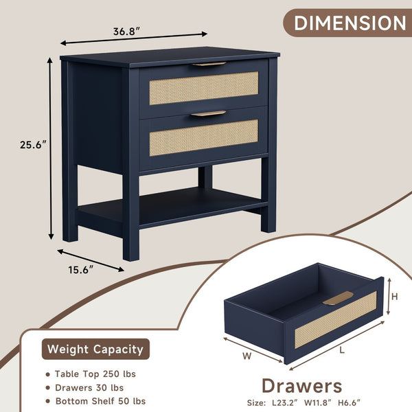 English Elm Rattan Front Boho Coastal Nightstand with Gold Pulls Open Shelf and Woven Drawer Accents Navy Blue T3210P471551