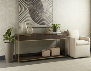 Sunpan Rebel Console Table: Modern Charcoal Oak Design with Soft Close Drawers and Stylish Gold Accents Gold / Charcoal Grey