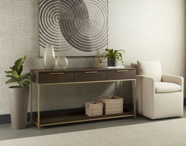 Sunpan Rebel Console Table: Modern Charcoal Oak Design with Soft Close Drawers and Stylish Gold Accents Gold / Charcoal Grey