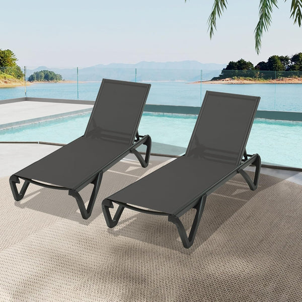 English Elm Pool Aluminum Chaise Lounge Set of 2 with Wheels, 5-Position Recline, Quick-Dry Textilene, Weather-Resistant Comfort for Patio Dark Gray W1859P396078