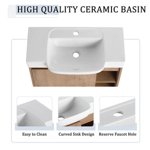 English Elm 28'' Floating Bathroom Vanity with Ceramic Sink Soft Close Door Melamine Cabinet Imitative Oak W999P426637