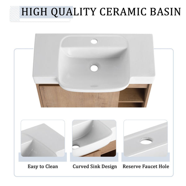 English Elm 28'' Floating Bathroom Vanity with Ceramic Sink Soft Close Door Melamine Cabinet Imitative Oak W999P426637