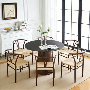 English Elm Table and Chair Set 42 Inch Round Stone Look Top with Six Rope Woven Wishbone Chairs W2920S00155