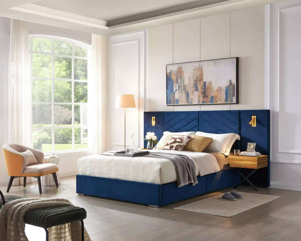 English Elm Queen Velvet Wingback Platform Bed Channel Tufted Upholstered Frame No Box Spring W1793S00055