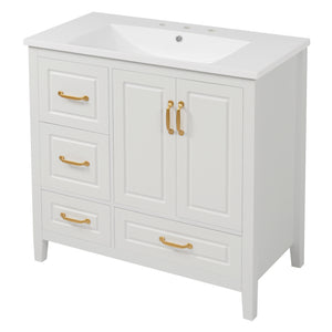 English Elm Christopher Knight Home® - 36" Freestanding Bathroom Vanity with Resin Sink, Soft-Close Doors & Drawers, Gold Alloy Handles, Spacious Storage and Easy Plumbing Access White N759P292552K