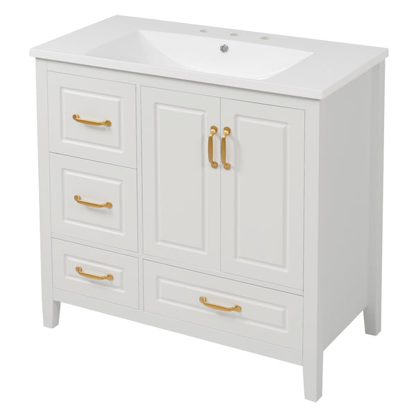 English Elm Christopher Knight Home® - 36" Freestanding Bathroom Vanity with Resin Sink, Soft-Close Doors & Drawers, Gold Alloy Handles, Spacious Storage and Easy Plumbing Access White N759P292552K
