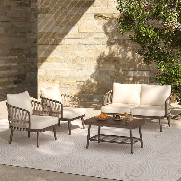 English Elm Christopher Knight Home® - 4-Piece Outdoor Patio Set with Woven Rope U-Back, Steel Frame, Thick Cushions & Acacia Table for Garden Brown+Beige N780P209458R