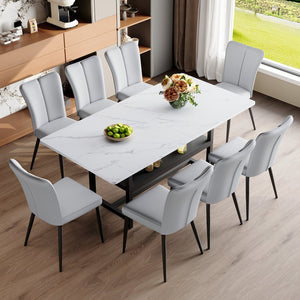 English Elm Table & Chair Set: Modern White Grain Dining Table With Storage And 8 Light Gray Ergonomic Chairs W1151S04267-GIGA