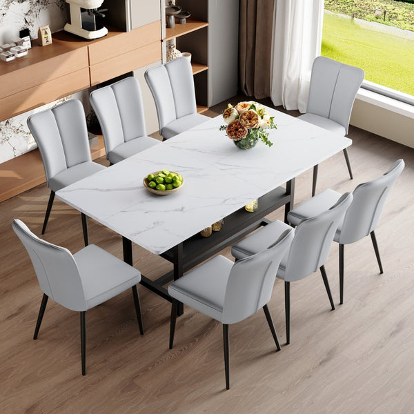 English Elm Table & Chair Set: Modern White Grain Dining Table With Storage And 8 Light Gray Ergonomic Chairs W1151S04267-GIGA