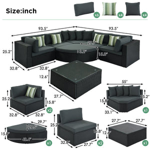English Elm Go 7 Piece Outdoor Pe Wicker Sectional Set with Steel Frame and Striped Accent Pillows Gray FG201212AAE