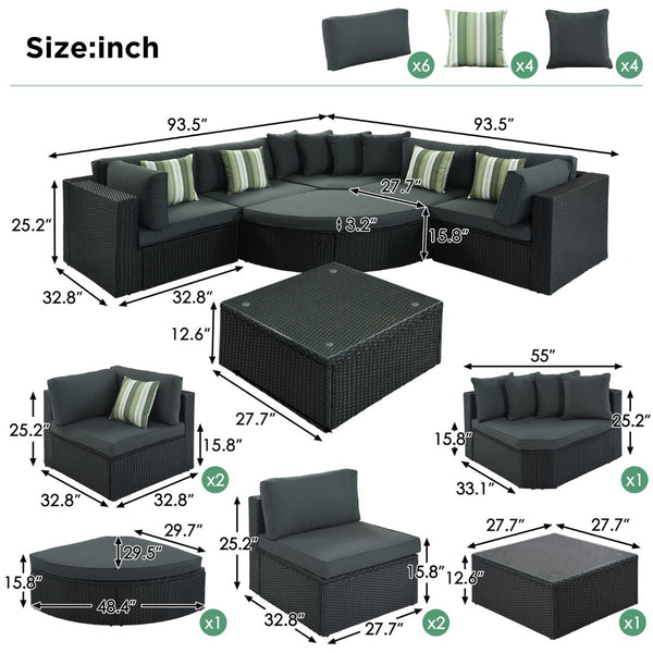 English Elm Go 7 Piece Outdoor Pe Wicker Sectional Set with Steel Frame and Striped Accent Pillows Gray FG201212AAE