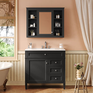 English Elm 36'' Modern Bathroom Vanity Set With Mirror, 2 Drawers, Tip-Out Storage & 6 Open Shelves For Organization N710S236006B